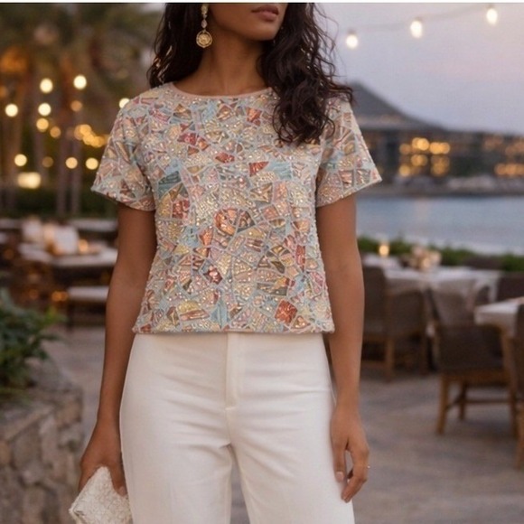 Eva Franco Tops - Eva Franco Womens Beaded Mosaic Top XS Pastel Sequin Art Deco Statement Glam